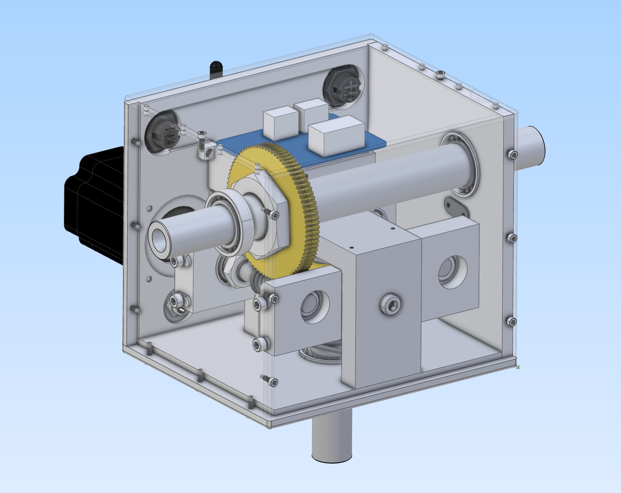 Heliostat gearbox hardware assembly with machined cylindrical components arranged for product presentation.