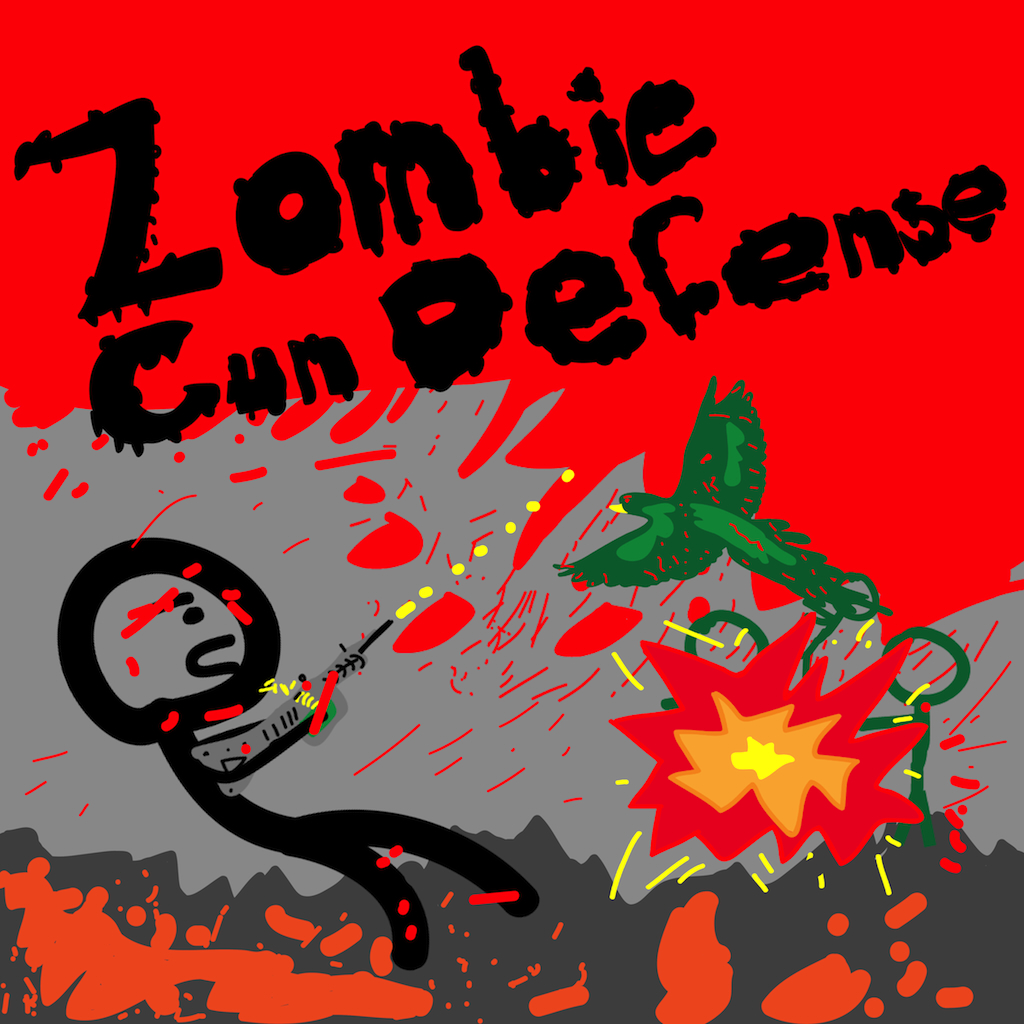 Zombie Gun Defense game app artwork with colorful characters.